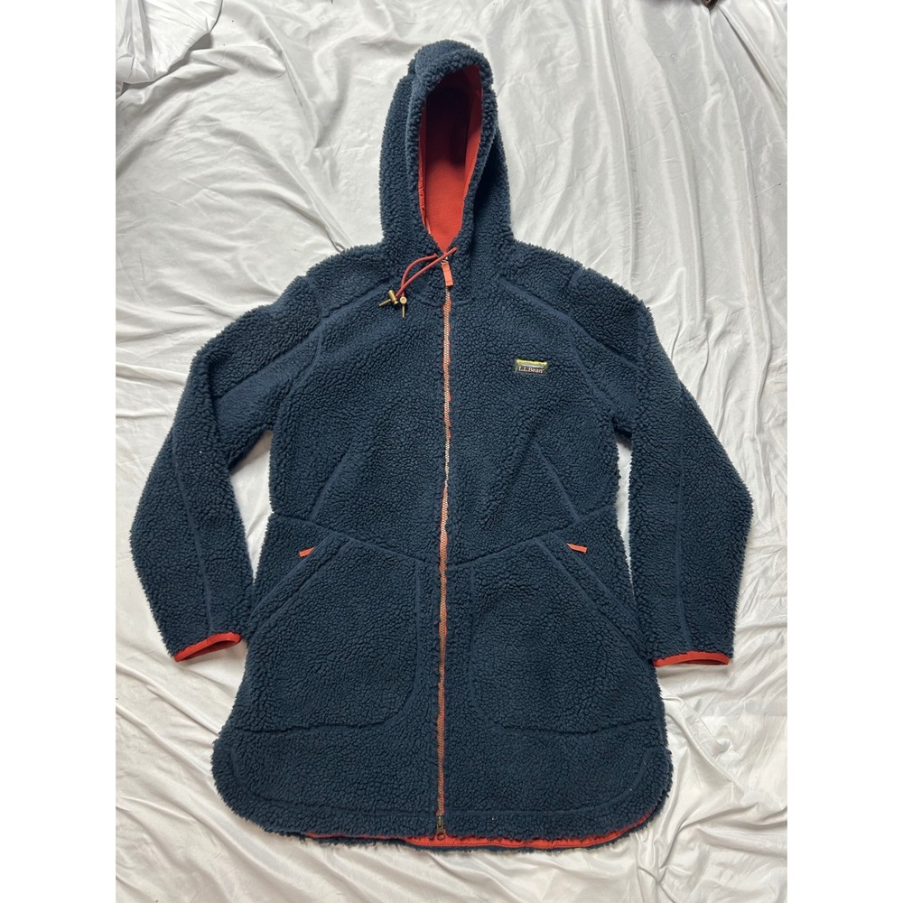 LL Bean Womens Mountain Pile Fleece Coat Navy Blue Hooded Jacket 508967 Large